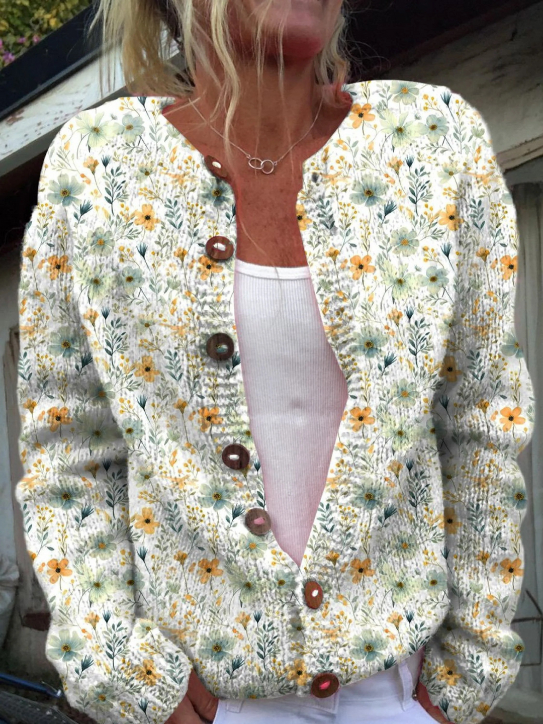 Claire - Watercolor French Rose Repeat Pattern Print Buttoned Cardigan Sweater