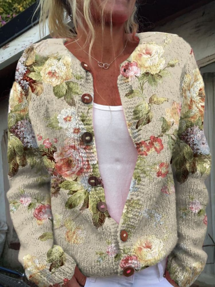 Madison - Retro Fresh Flowers Print Buttoned Cardigan Sweater