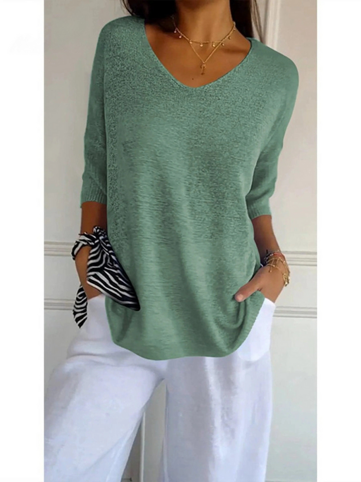Sophia - Women's Solid Color Knitted 3/4 Sleeve V-neck Top