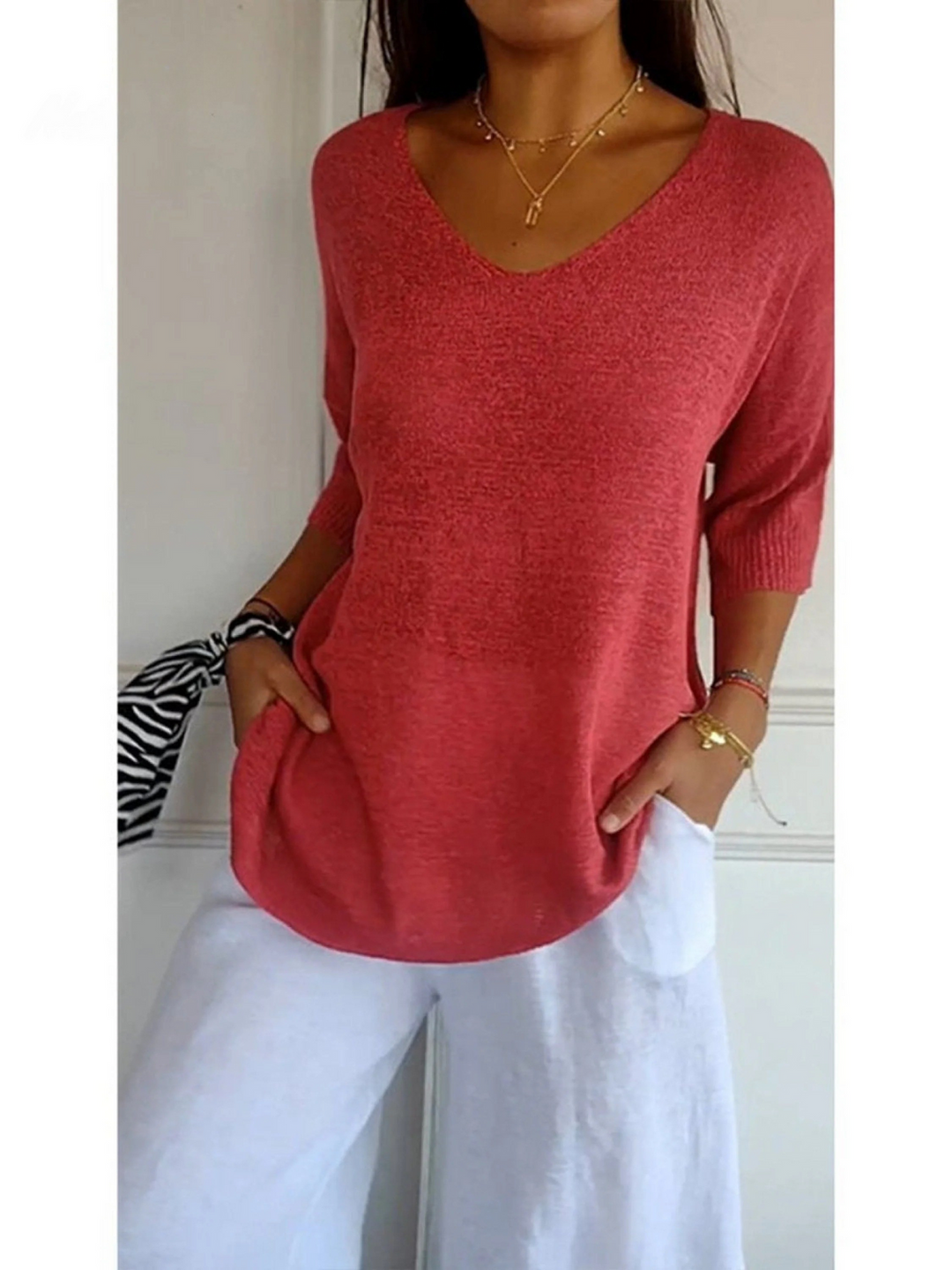 Sophia - Women's Solid Color Knitted 3/4 Sleeve V-neck Top