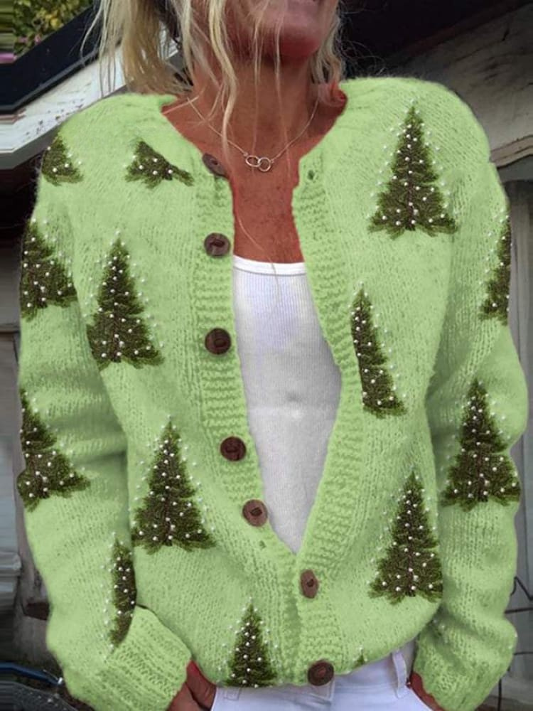 Hannah - Women's Lovely Christmas Tree Art Print Buttoned Cardigan Sweater