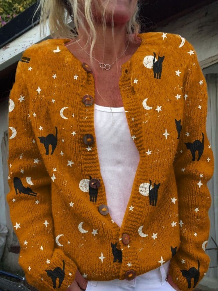 Victoria - Halloween Black Cat Art Print Buttoned Cardigan Sweater