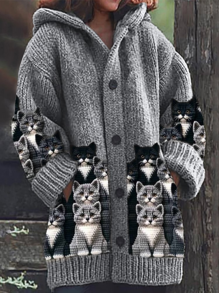 Ione - Cozy Knit Cat Print Cardigan