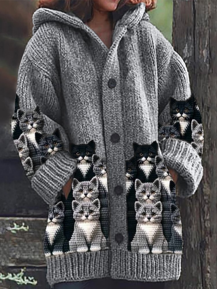 Ione - Cozy Knit Cat Print Cardigan