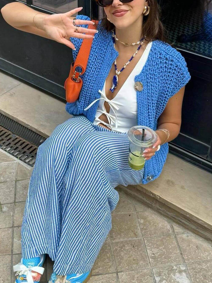 Fiora - Elegant Pocket Sleeveless Cropped Knit Cardigan