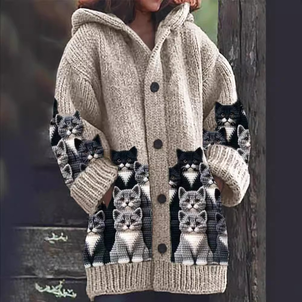 Ione - Cozy Knit Cat Print Cardigan