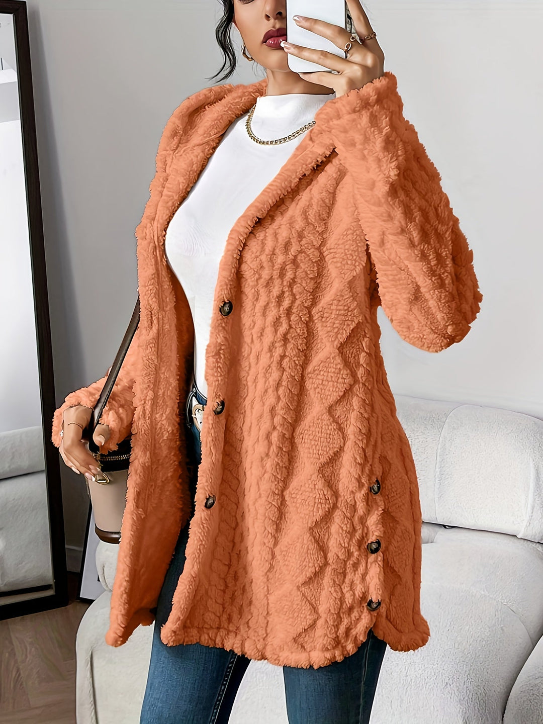 Arabella - Plush Diamond-Patterned Hooded Cardigan