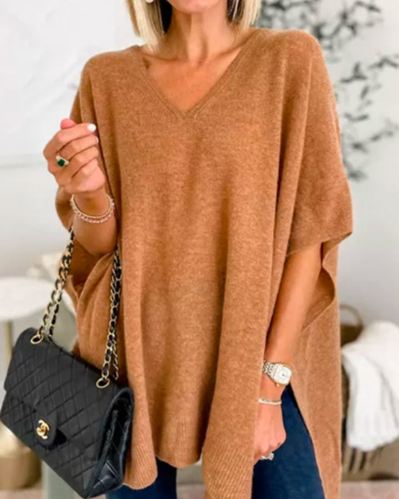 Clarissa - V Neck Loose Fit Solid Poncho Sweater