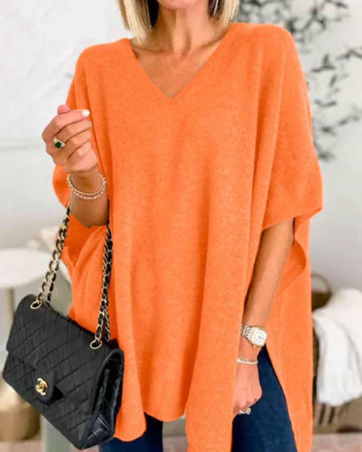Clarissa - V Neck Loose Fit Solid Poncho Sweater