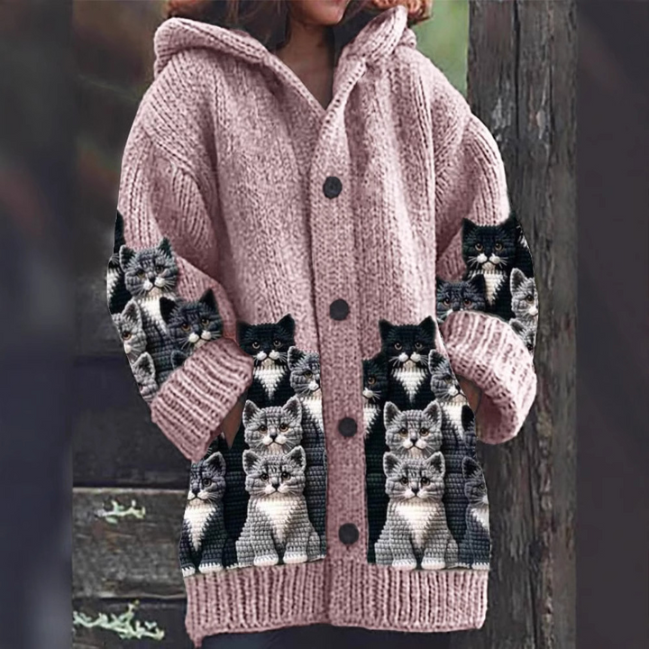 Ione - Cozy Knit Cat Print Cardigan