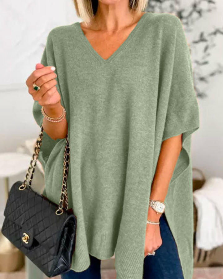 Clarissa - V Neck Loose Fit Solid Poncho Sweater