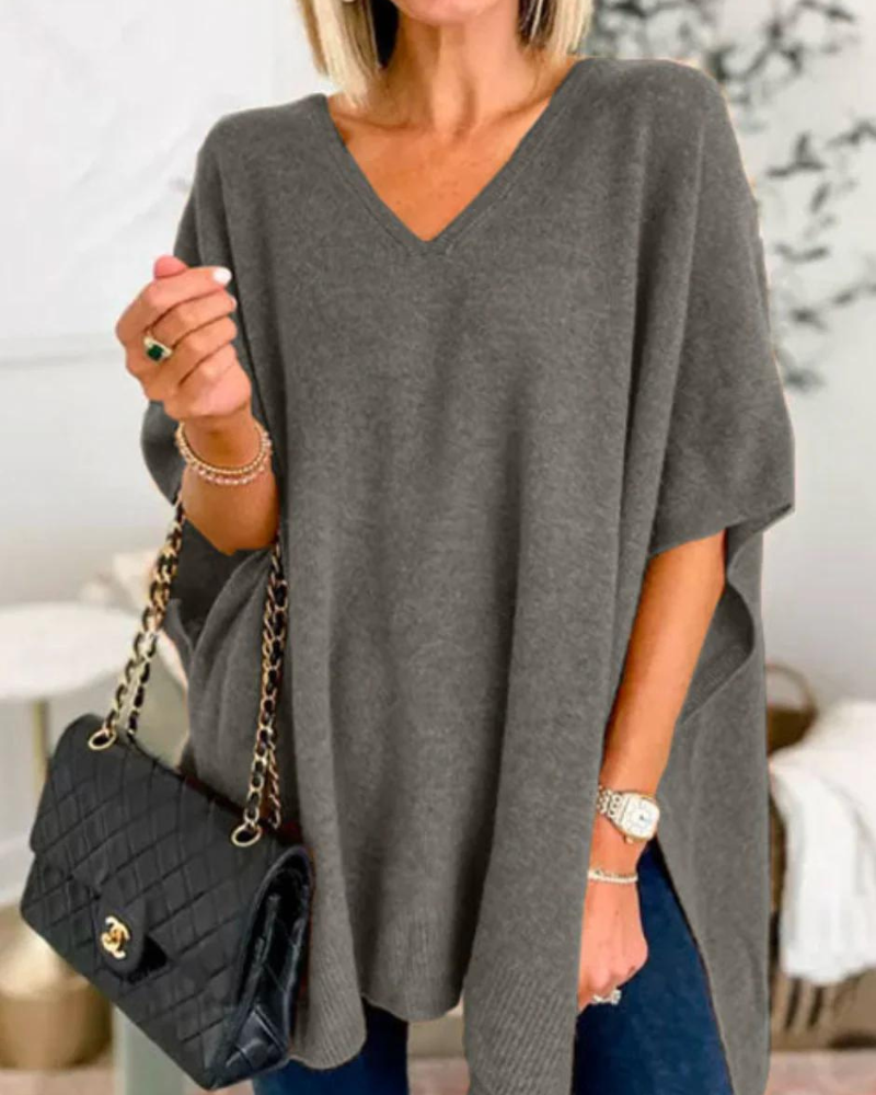 Clarissa - V Neck Loose Fit Solid Poncho Sweater