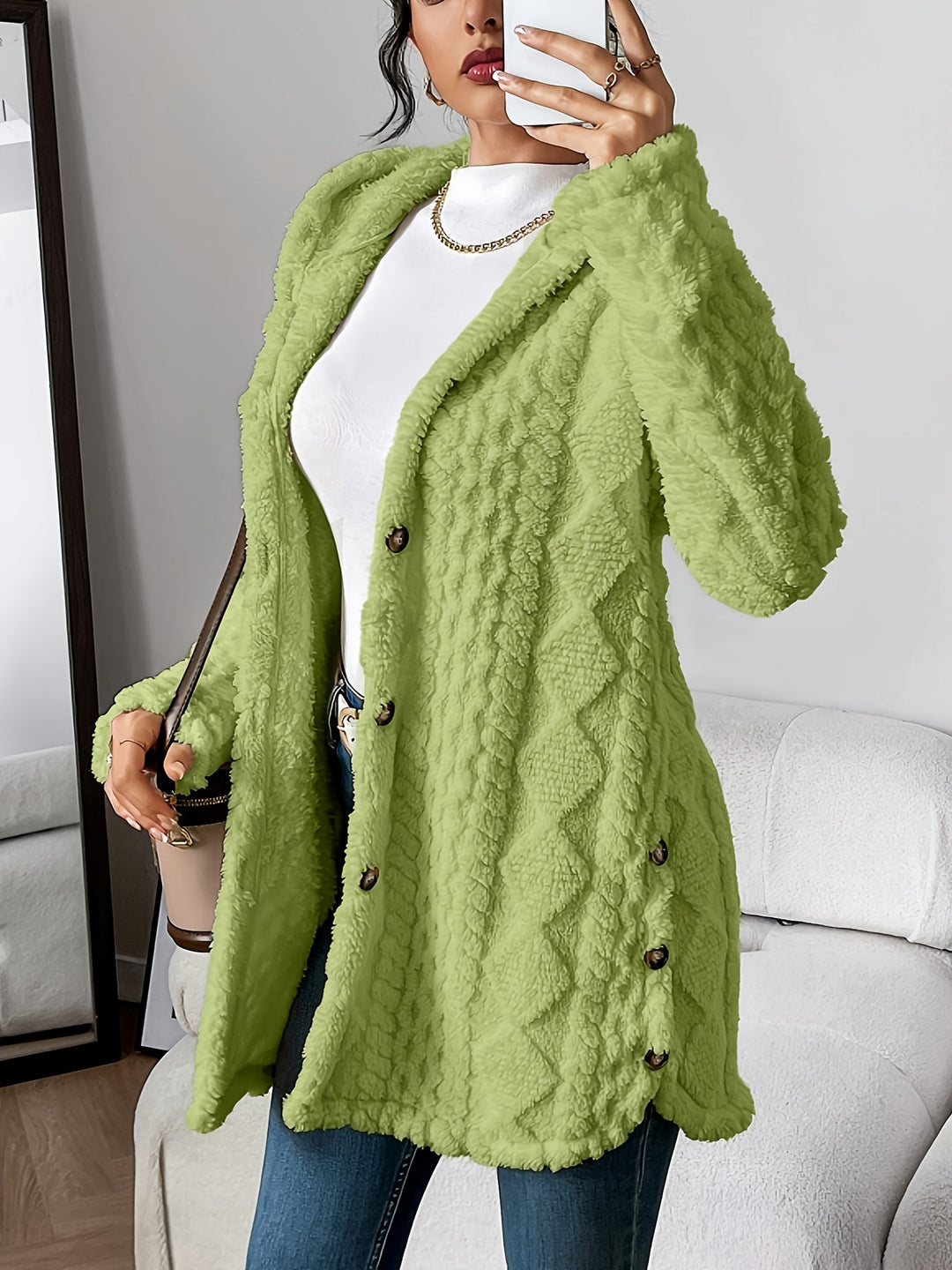 Arabella - Plush Diamond-Patterned Hooded Cardigan