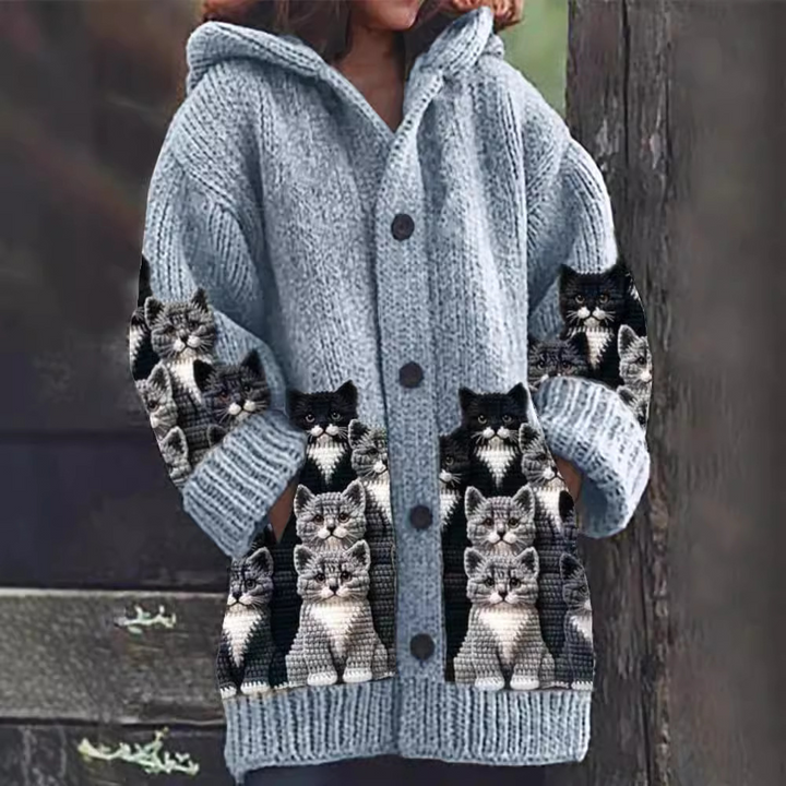 Ione - Cozy Knit Cat Print Cardigan