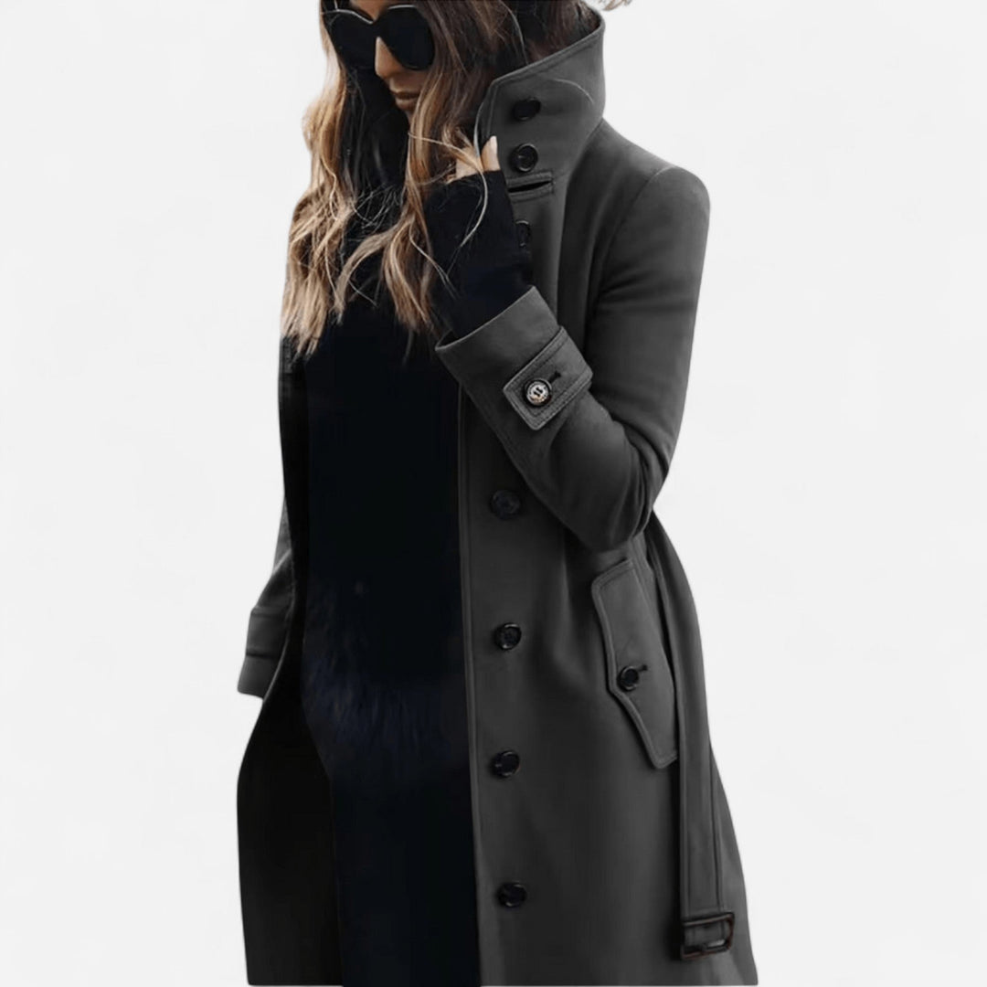 Yvette - High-Collar Wool Coat – Elegant, Belted & Tailored Casual Style