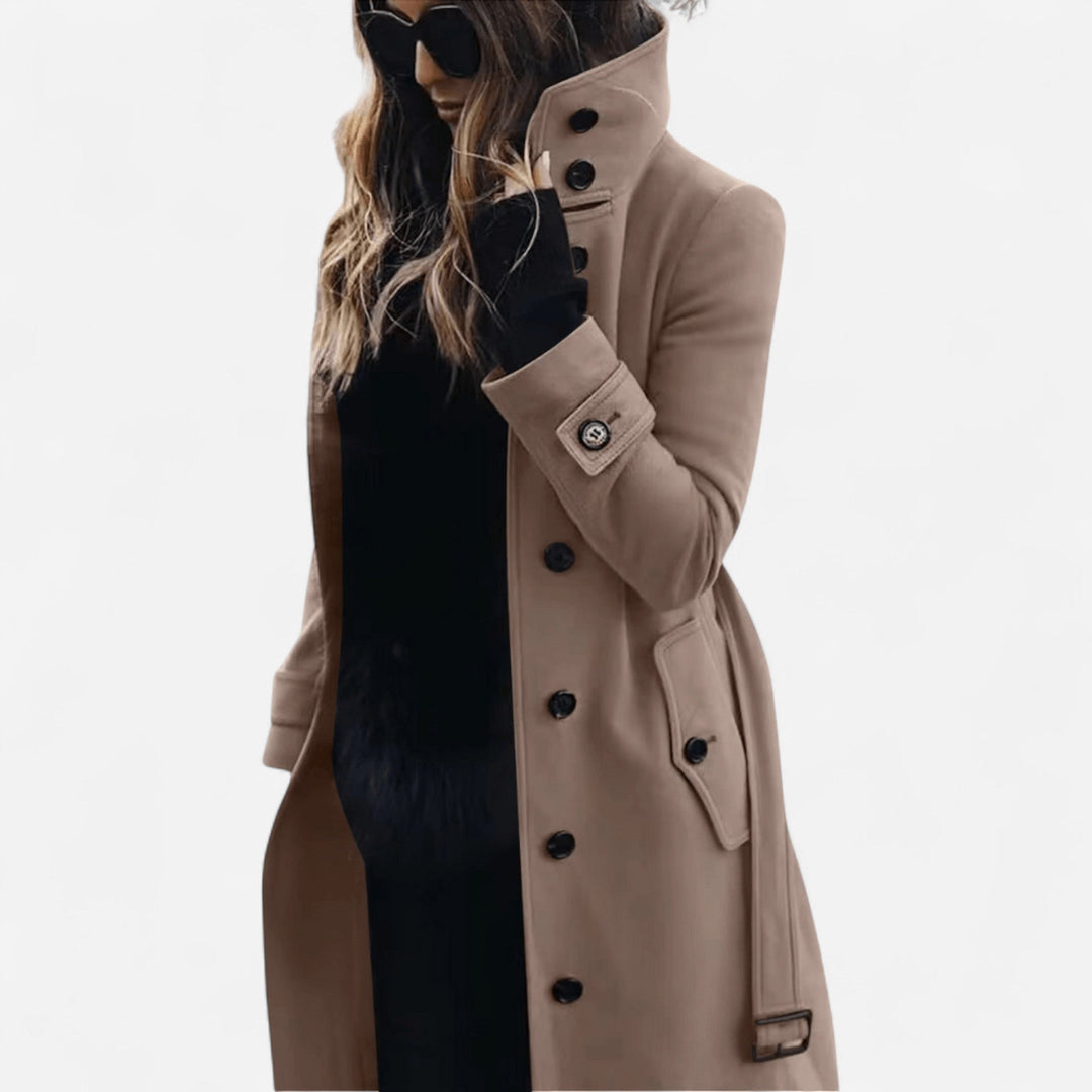 Yvette - High-Collar Wool Coat – Elegant, Belted & Tailored Casual Style