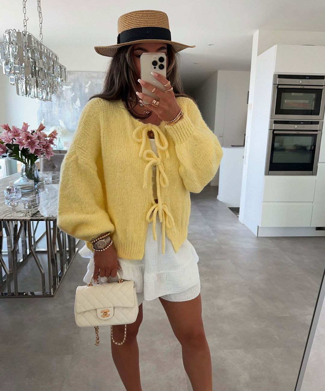 Colette - Solid Color Crew Neck Lace-Up Cardigan