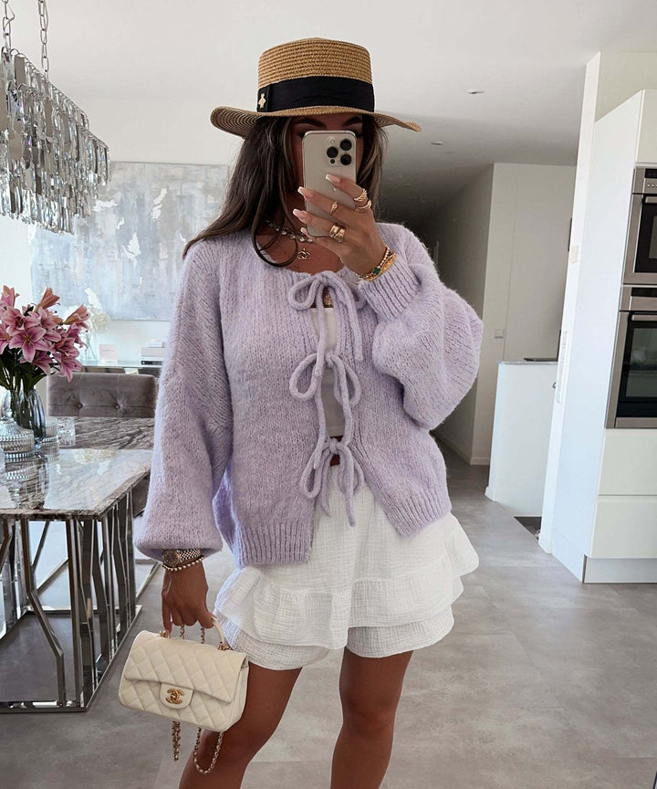 Colette - Solid Color Crew Neck Lace-Up Cardigan