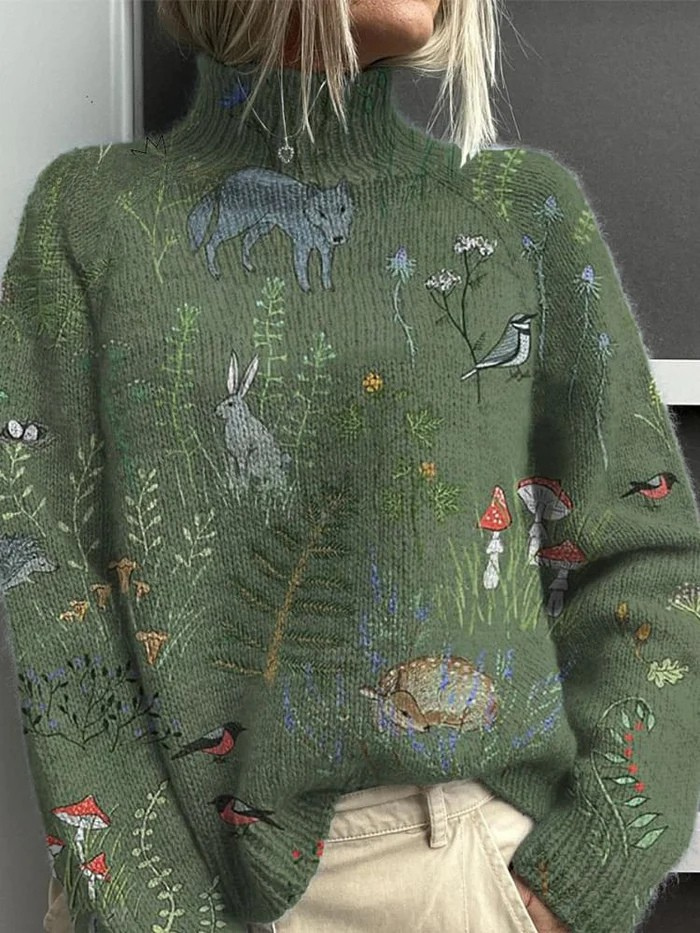 Isabella - Woodland And Animal Pattern Printed Knit Turtleneck Pullover Sweater