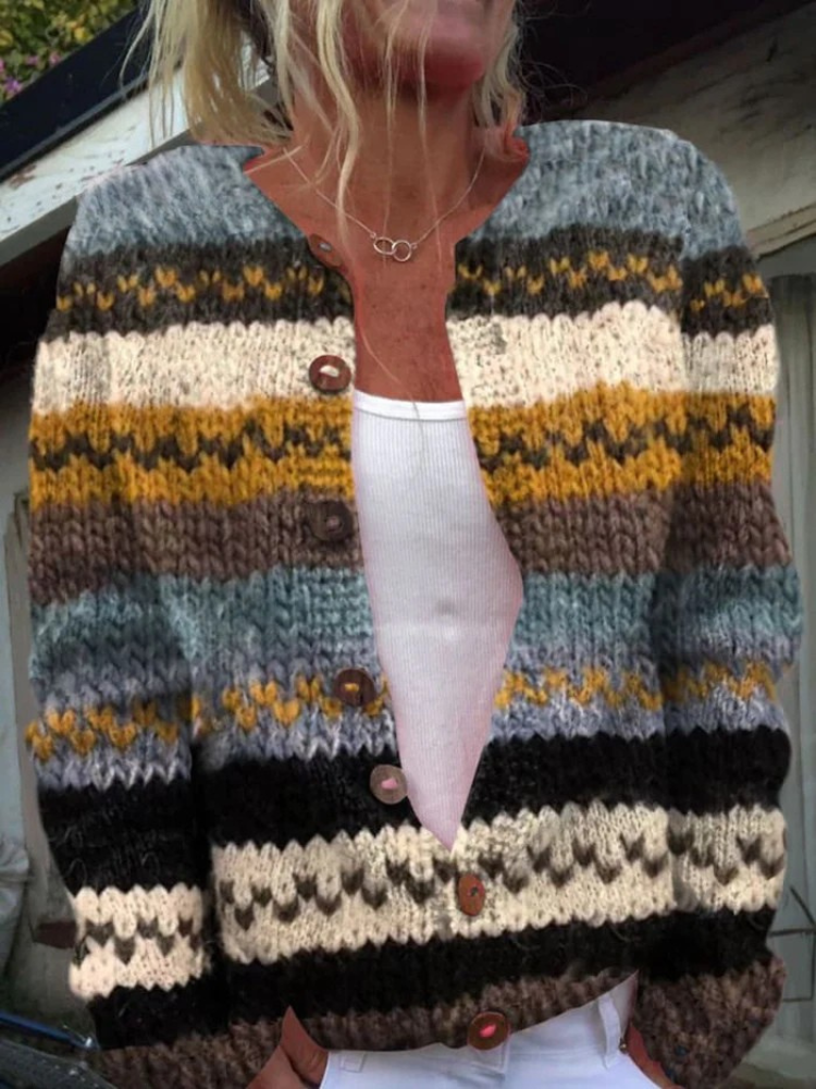 Ava - Striped Colour Block Print Buttoned Cardigan Sweater