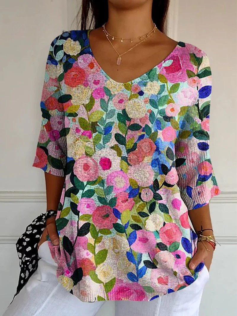 Stella - Colorful Spring Floral Garden Printed Women's Casual Pullover Knit