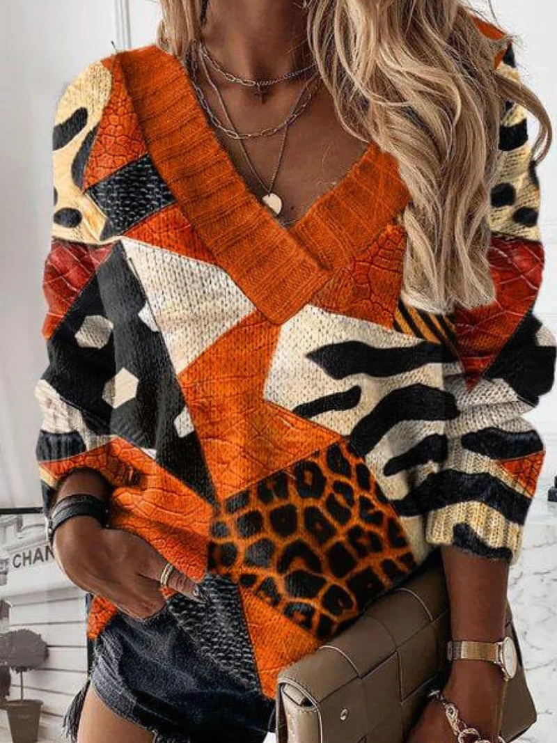 Harper - Halloween Color Block Art Print Knit V-neck Pullover Sweater