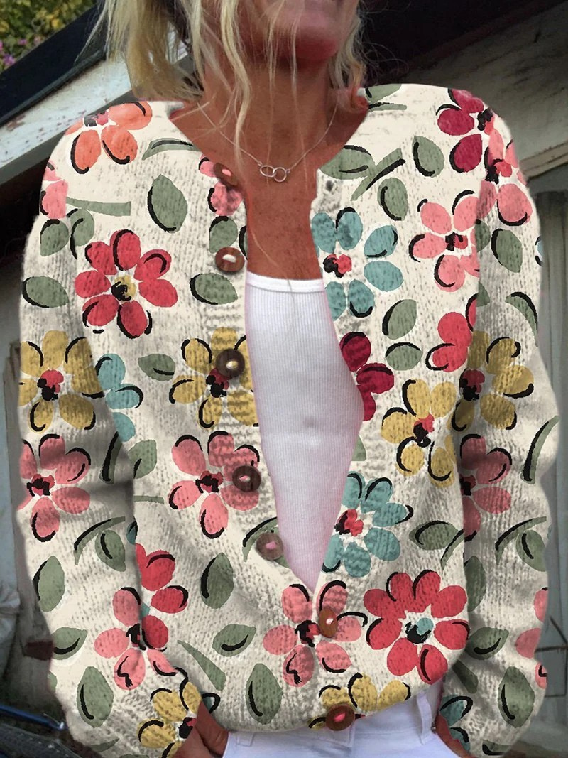 Mia - Multicolored Cute Flowers Print Buttoned Cardigan Sweater