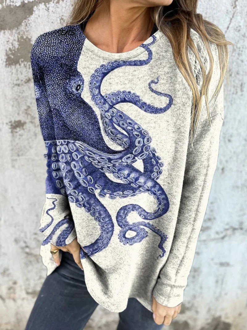 Olivia - Vintage Deep Sea Octopus Tentacles Art Printed Women's Button Back Casual Knitted Shirt