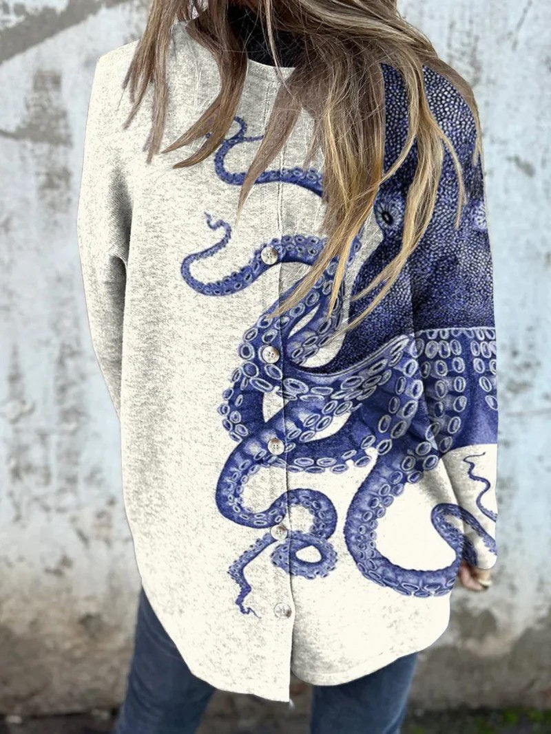 Olivia - Vintage Deep Sea Octopus Tentacles Art Printed Women's Button Back Casual Knitted Shirt