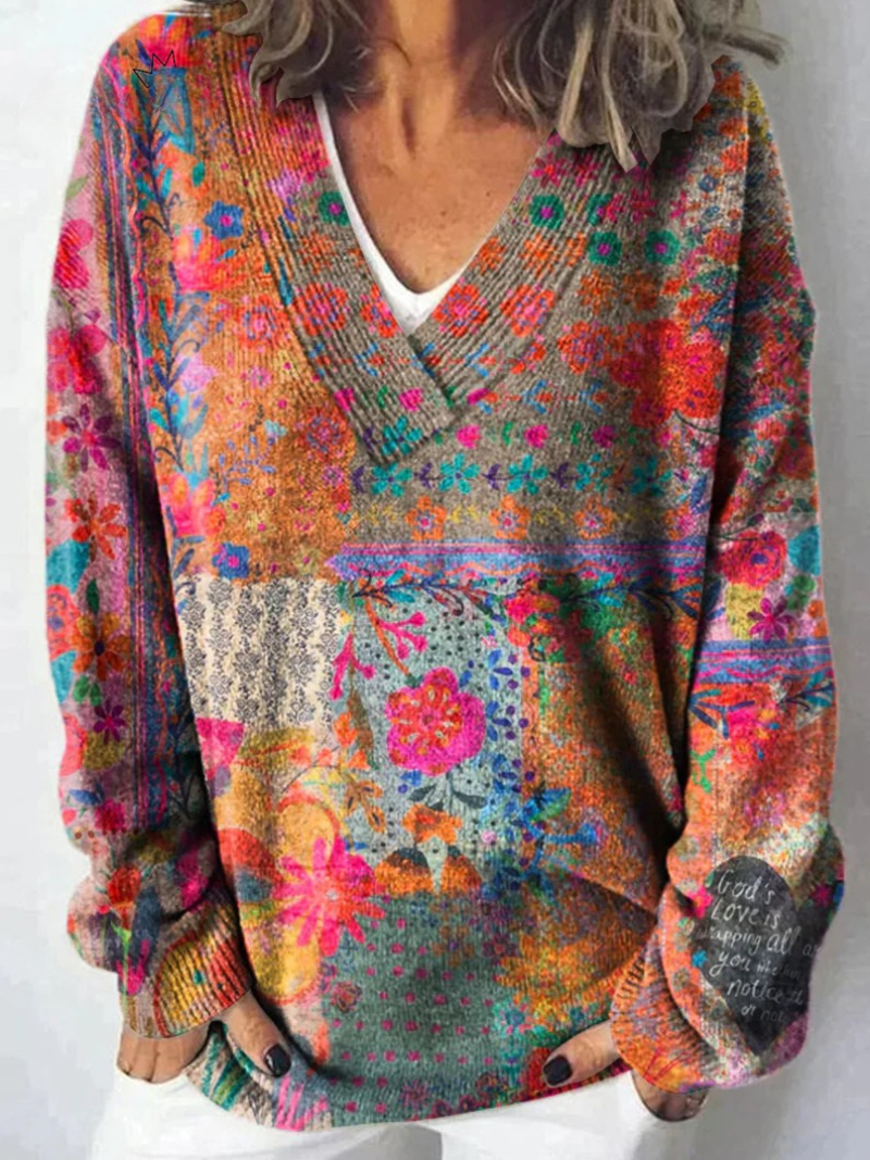 Amelia - Vintage Art Print Knit V-neck Pullover Sweater