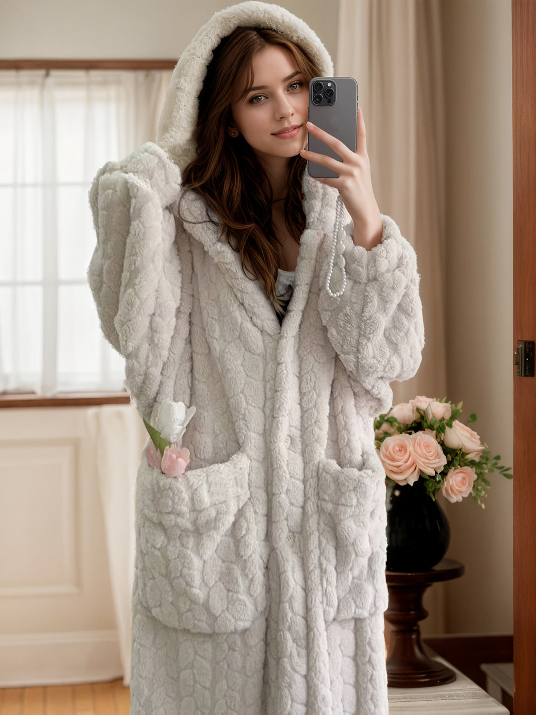 Maribel - Cozy Coral Fleece Hooded Robe