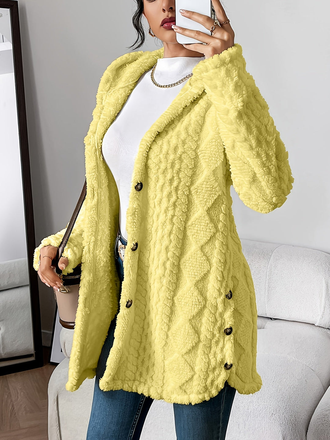 Arabella - Plush Diamond-Patterned Hooded Cardigan