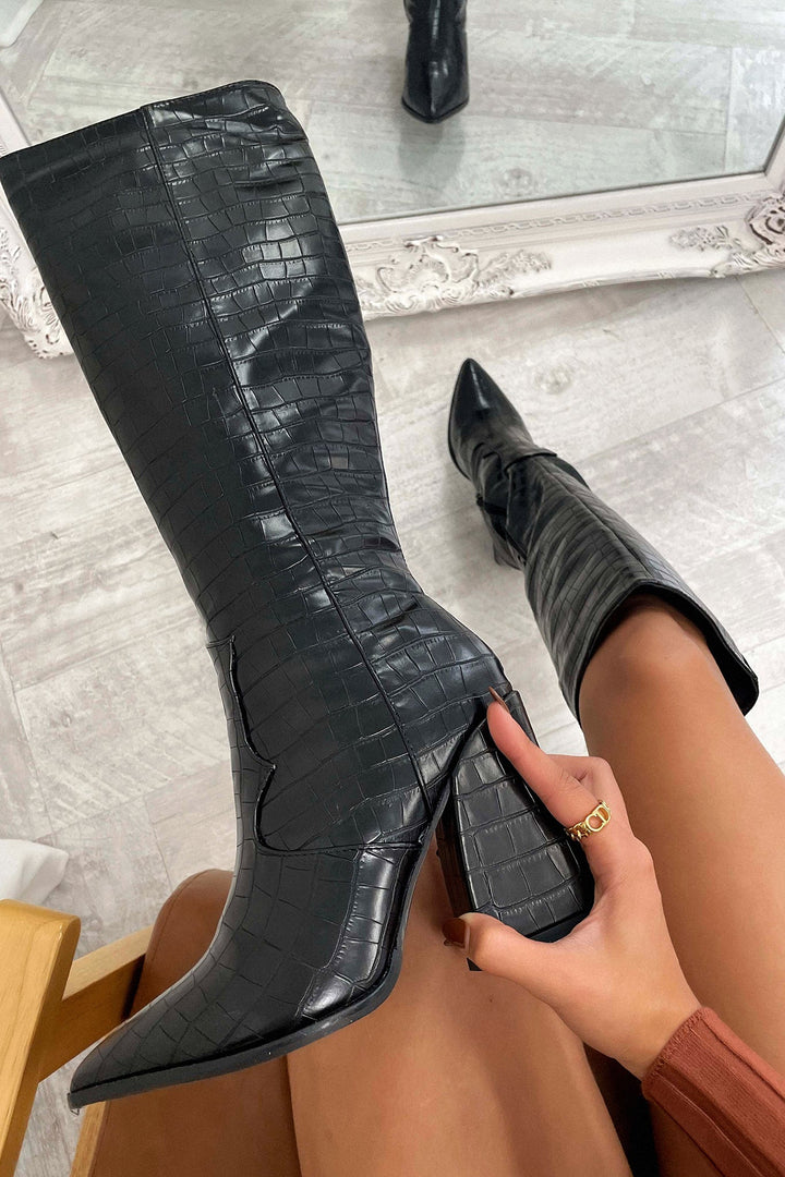 Dahlia - Black Croc Knee-High Boots