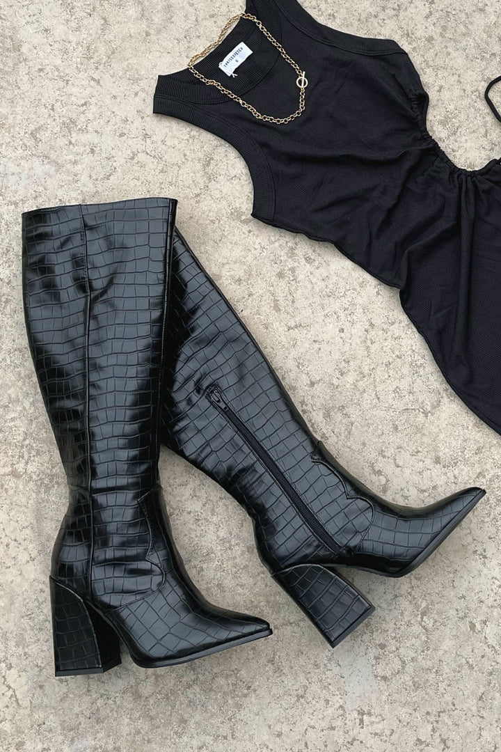 Dahlia - Black Croc Knee-High Boots