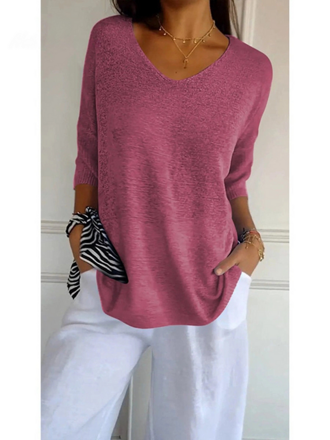 Sophia - Women's Solid Color Knitted 3/4 Sleeve V-neck Top