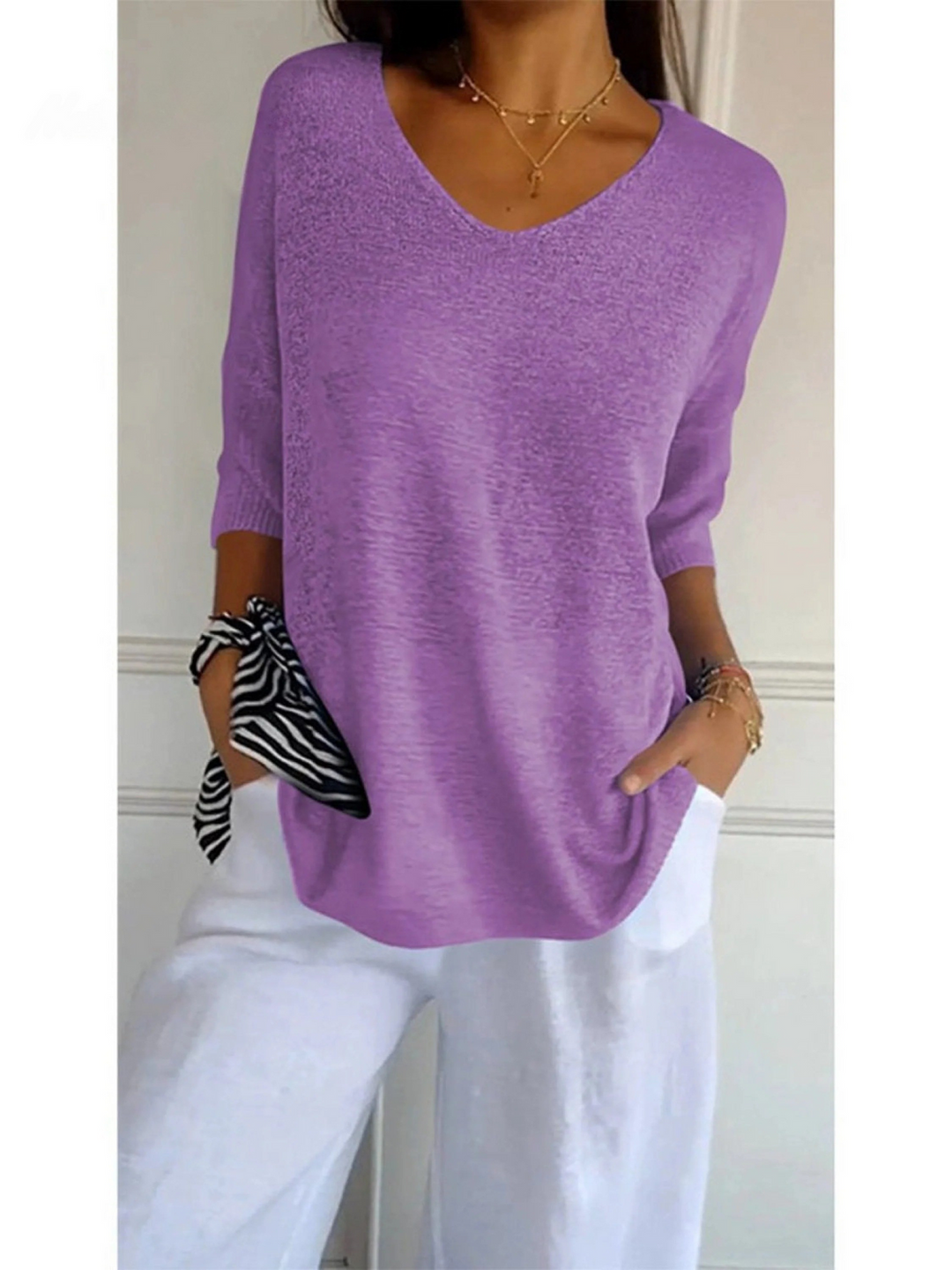Sophia - Women's Solid Color Knitted 3/4 Sleeve V-neck Top