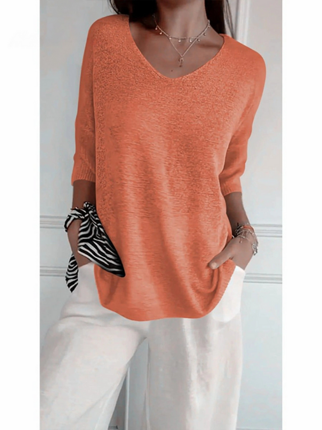 Sophia - Women's Solid Color Knitted 3/4 Sleeve V-neck Top
