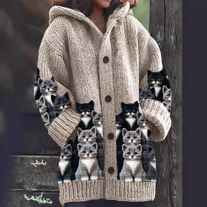Ione - Cozy Knit Cat Print Cardigan
