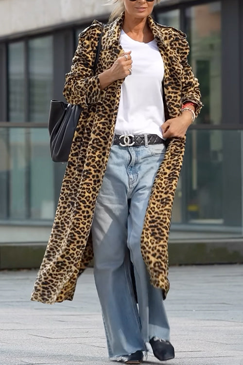 Harmonia -  Rosiedress Lapel Open Front Leopard Midi Trendy Coat