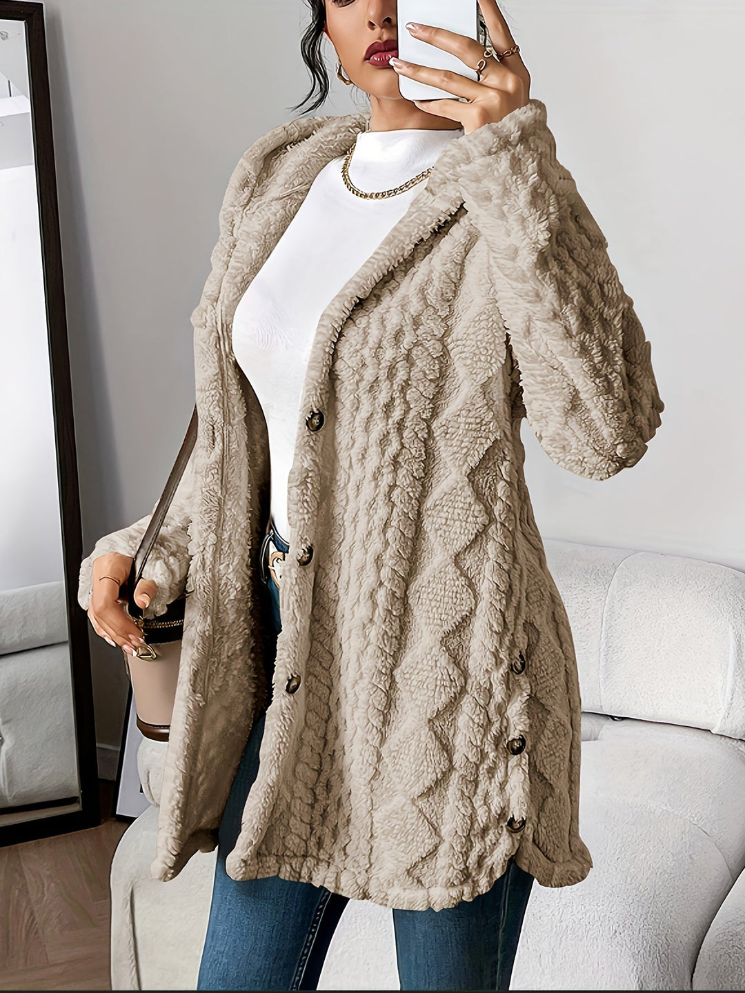 Arabella - Plush Diamond-Patterned Hooded Cardigan