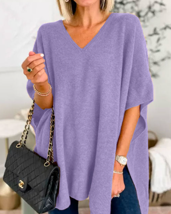 Clarissa - V Neck Loose Fit Solid Poncho Sweater