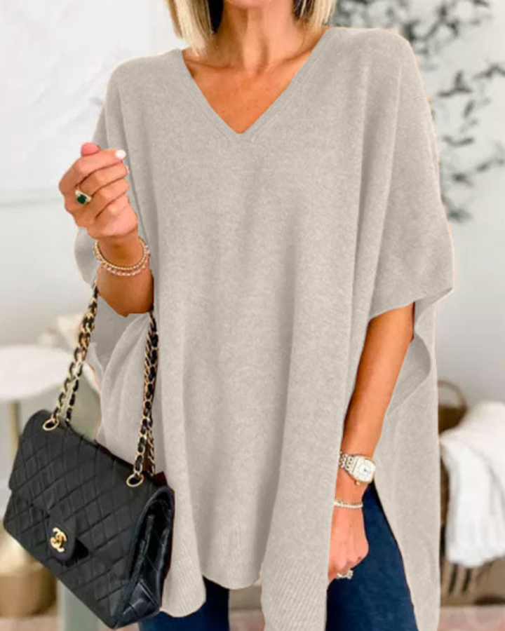 Clarissa - V Neck Loose Fit Solid Poncho Sweater