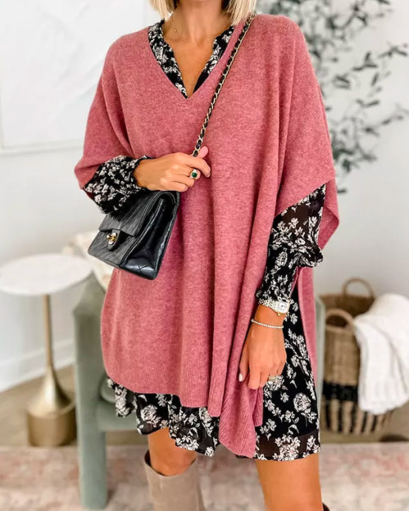 Clarissa - V Neck Loose Fit Solid Poncho Sweater