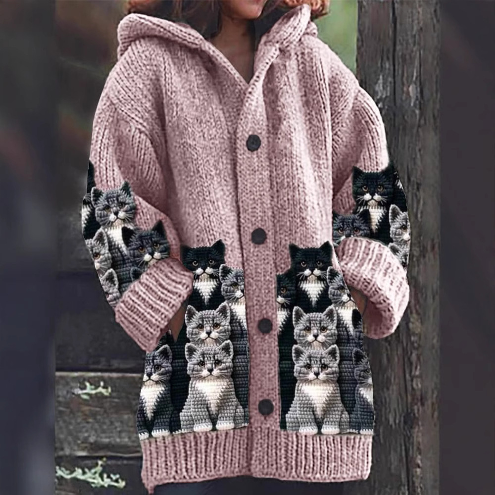 Ione - Cozy Knit Cat Print Cardigan