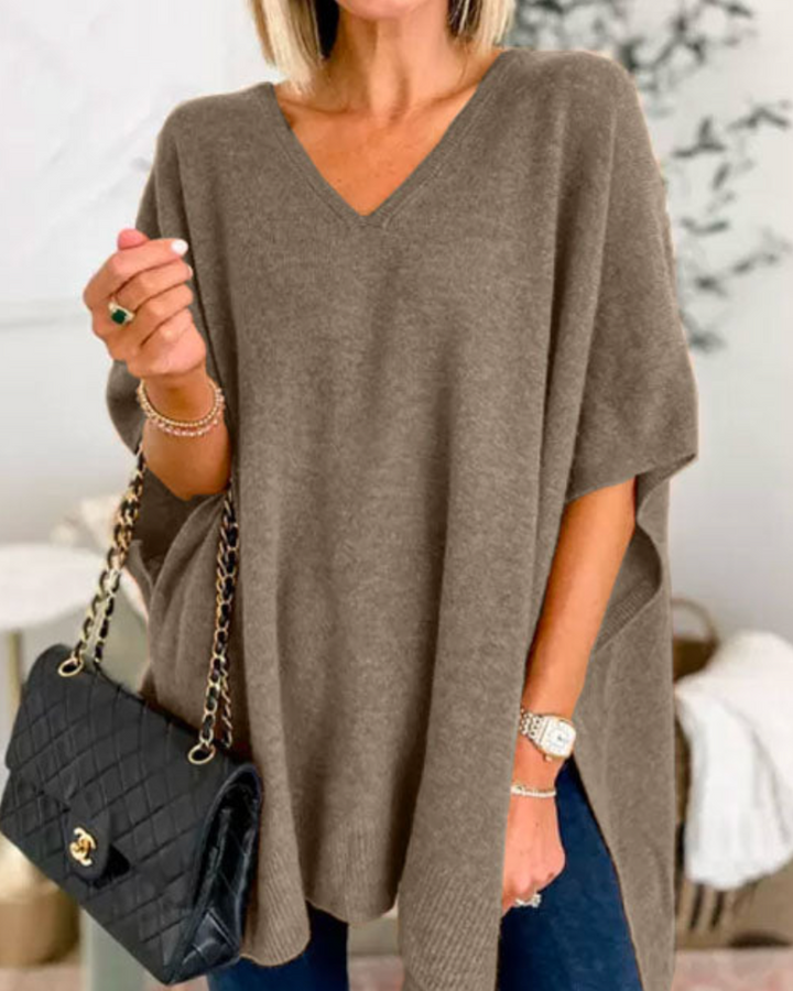 Clarissa - V Neck Loose Fit Solid Poncho Sweater