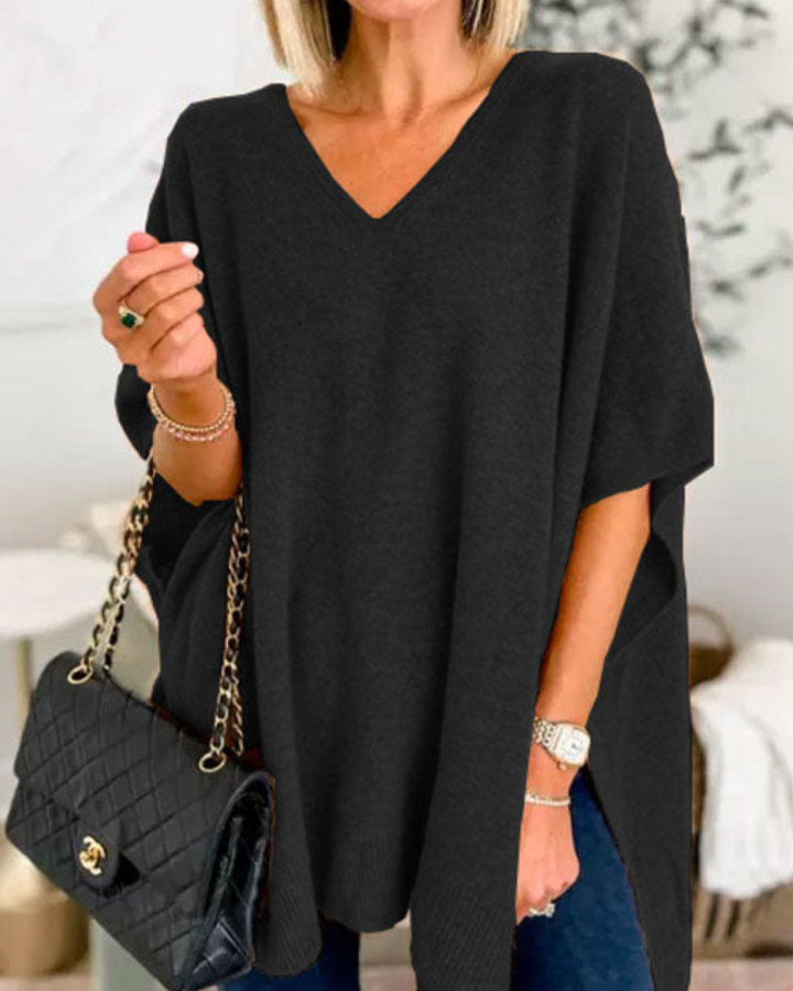 Clarissa - V Neck Loose Fit Solid Poncho Sweater