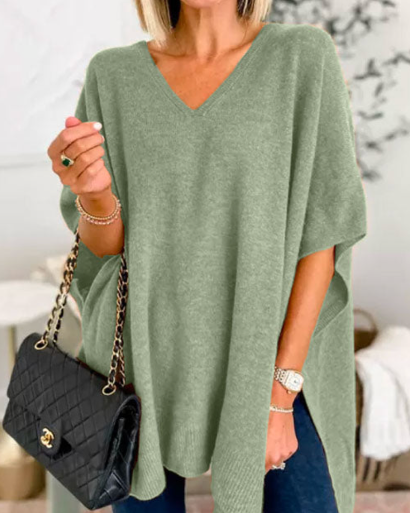 Clarissa - V Neck Loose Fit Solid Poncho Sweater
