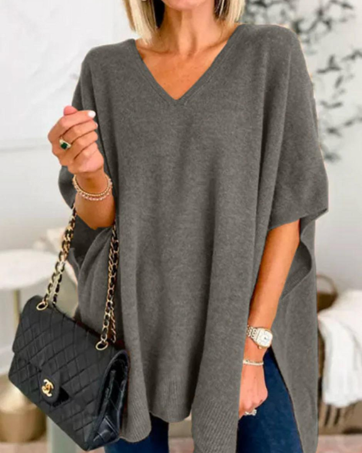 Clarissa - V Neck Loose Fit Solid Poncho Sweater