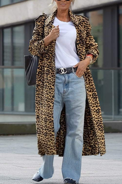 Harmonia -  Rosiedress Lapel Open Front Leopard Midi Trendy Coat