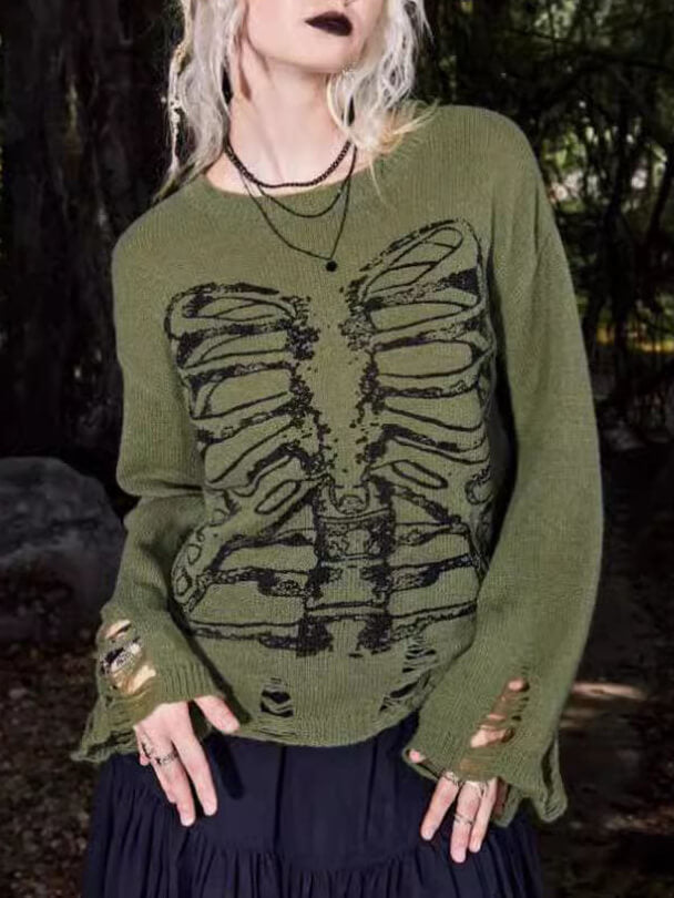 Arlette - Halloween Skeleton Dark Style Ripped Long Sleeve Sweater